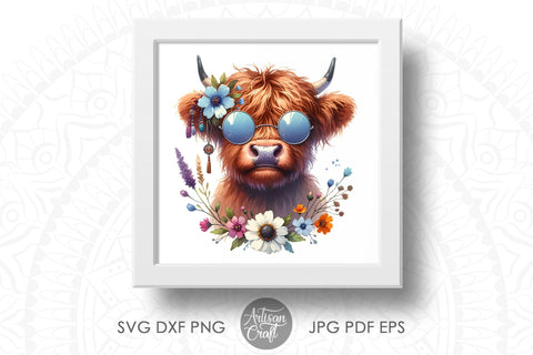 Hippie Highland Cow wearing glasses | beads | flowers Sublimation Artisan Craft SVG 