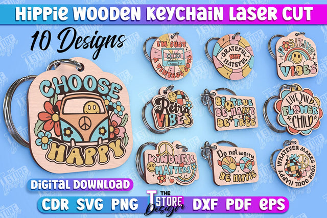 Hippie Wooden Keychain Bundle | Hippie Style | Lettered Keychain | Retro Vibes | CNC File SVG The T Store Design 