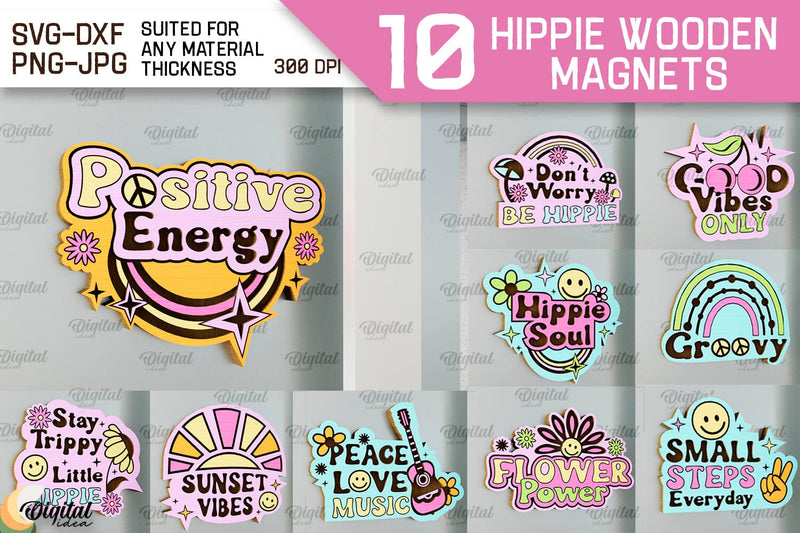 Hippie Wooden Magnets Laser Cut Bundle. Hippie Design SVG SVG Evgenyia Guschina 