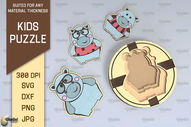 Hippo Family Puzzle Laser Cut Design. Kids Toy Puzzle SVG SVG Evgenyia Guschina 