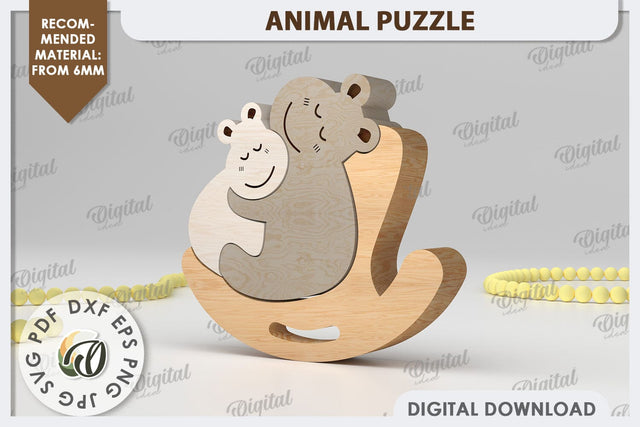 Hippo Puzzle Laser Cut. Animal Family Puzzle SVG Design SVG Evgenyia Guschina 