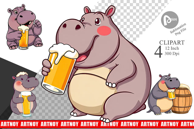 Hippopotamus Beer Day Clipart Sublimation artnoy 