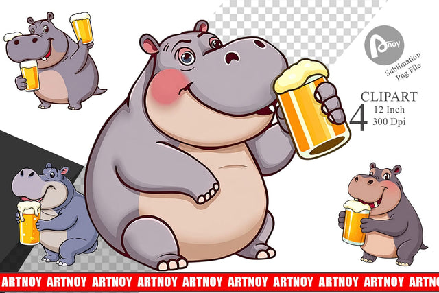 Hippopotamus Beer Day Clipart Sublimation artnoy 