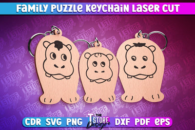 Hippopotamus Family Puzzle Keychain | Puzzle Laser Cut Design | CNC Files SVG The T Store Design 