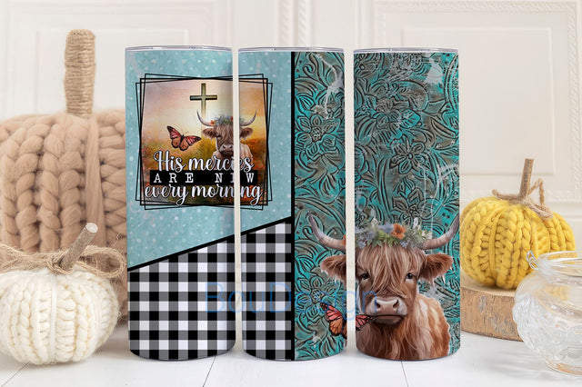 His Mercies Are New Every Morning Tumbler Wrap, Watercolor Tumbler Wrap, 20 oz Skinny Tumbler Sublimation Design, Seamless Pattern Sublimation BouDesign 