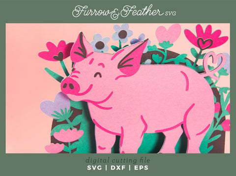 Hogs & Kisses Pig Card - Valentine's Day Card SVG 3D Paper Furrow and Feather SVG 