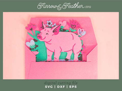 Hogs & Kisses Pig Card - Valentine's Day Card SVG 3D Paper Furrow and Feather SVG 