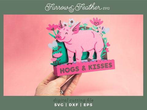 Hogs & Kisses Pig Card - Valentine's Day Card SVG 3D Paper Furrow and Feather SVG 