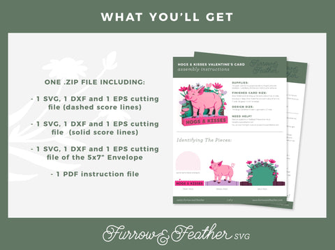 Hogs & Kisses Pig Card - Valentine's Day Card SVG 3D Paper Furrow and Feather SVG 