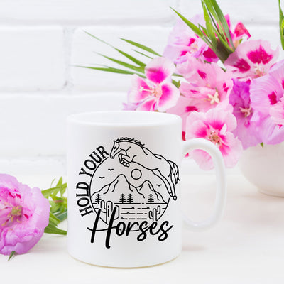 Hold Your Horses Western Saying Distressed Designs | Country Quote Design | Vintage Outdoor Adventure Circle Badge Sublimation So Fontsy VIP Design Shop 