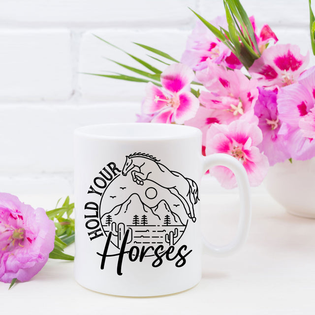 Hold Your Horses Western Saying Distressed Designs | Country Quote Design | Vintage Outdoor Adventure Circle Badge Sublimation So Fontsy VIP Design Shop 
