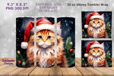 Holiday Cat Skinny Tumbler Wrap | 20 oz Skinny Tumbler Wrap Sublimation Christmas Design Sublimation Sublimatiz Designs 