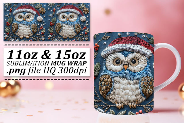 Holiday Embroidered Owl Mug Wrap 11oz 15oz Design Sublimation afrosvg 