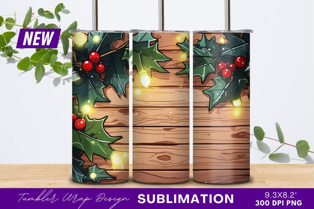 Holiday Garland Lights On Wooden Background Tumbler Png Sublimation Regulrcrative 