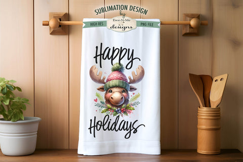 Holiday Moose | Cute Holiday Kitchen Towel Sublimation Design Sublimation Ewe-N-Me Designs 