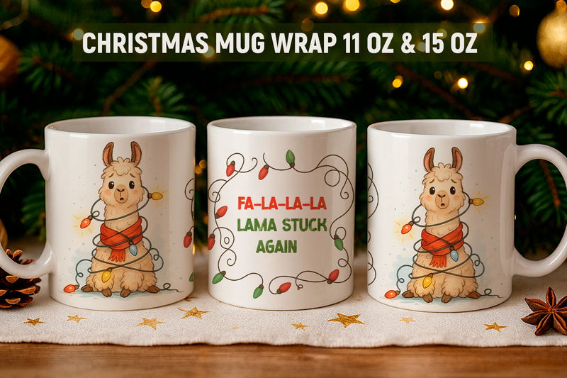 Holiday Mug Wrap Design, Christmas lama mug wrap Sublimation KMarinaDesign 