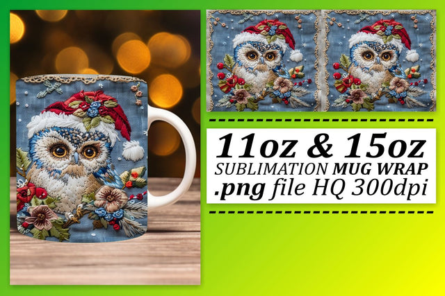 Holiday Owl Embroidered Mug Wrap 11oz 15oz Christmas Sublimation afrosvg 