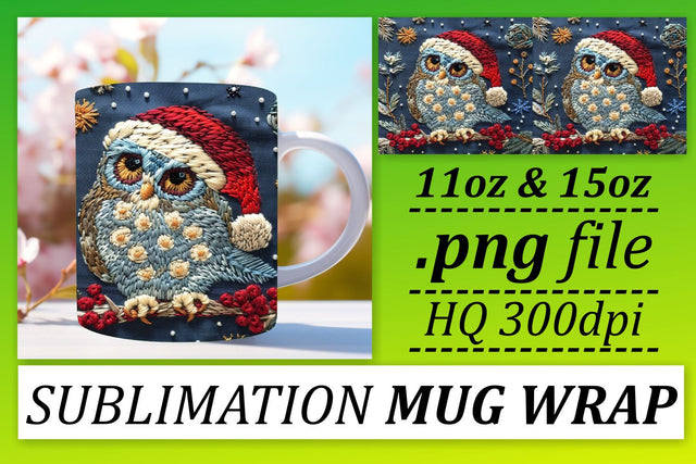 Holiday Owl Mug Wrap 11oz 15oz Christmas Embroidery Sublimation afrosvg 