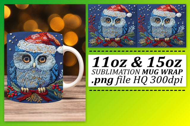 Holiday Owl Mug Wrap Embroidered 11oz 15oz Design Sublimation afrosvg 