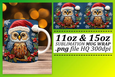 Holiday Owl Mug Wrap Embroidered Christmas Design Sublimation afrosvg 