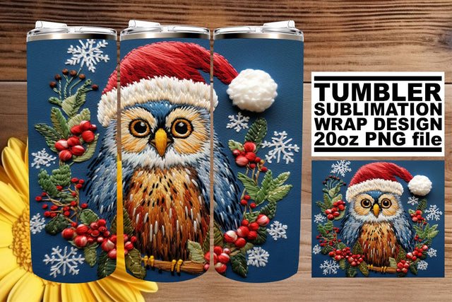 Holiday Owl Tumbler Wrap Embroidered Christmas Design Sublimation afrosvg 