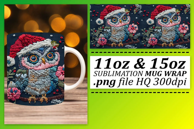 Holiday Owl Wrap for 11oz 15oz Mug Embroidered Design Sublimation afrosvg 