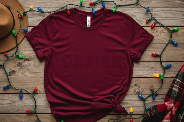 Holiday-themed burgundy t-shirt mockup Mock Up Photo Designangry 