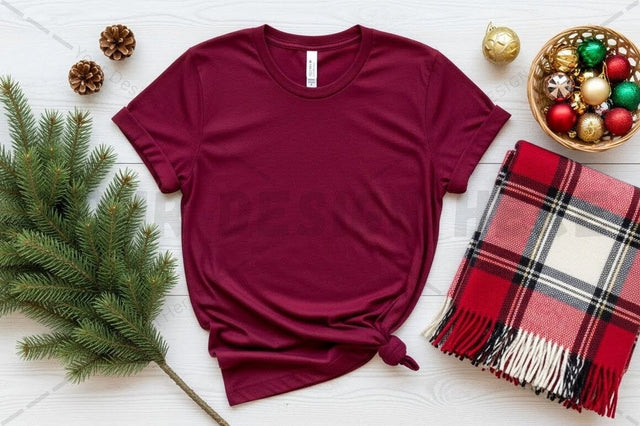 Holiday-themed burgundy t-shirt mockup Mock Up Photo Designangry 
