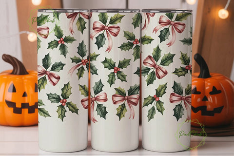 Holly and Bows Christmas Tumbler Wrap Sublimation PixelChick 