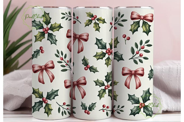 Holly and Bows Christmas Tumbler Wrap Sublimation PixelChick 