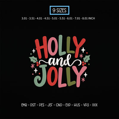 Holly and Jolly Christmas Embroidery Design – Colorful Retro Christmas Saying Holiday Machine Embroidery File Embroidery/Applique DESIGNS PatternFeed8 