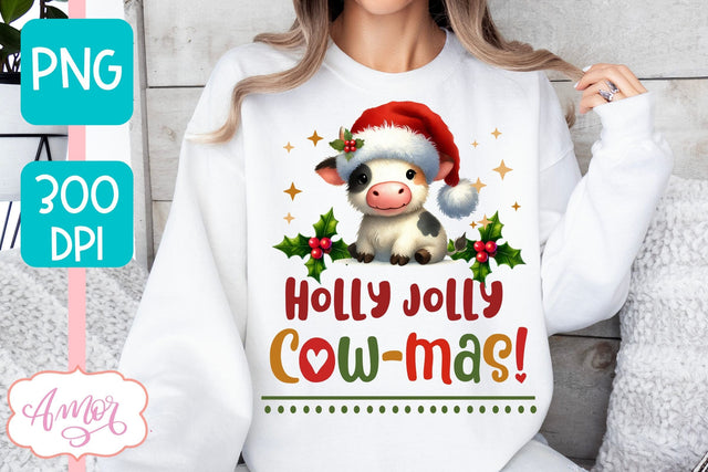 Holly Jolly cowmas PNG | Cute Christmas cow PNG sublimation Sublimation Amorclipart 