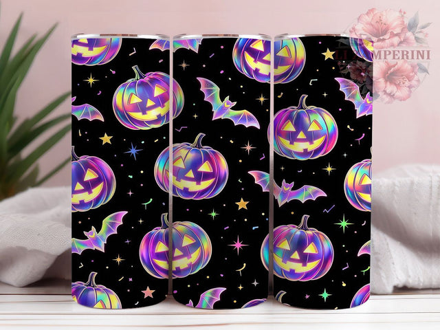 Holographic Bat & Pumpkin 20oz Tumbler, Bat Pumpkin, Holographic Style, Halloween Theme, Sublimation Wrap, 20oz Tumbler, Vibrant Aesthetic, Spooky Design Sublimation Li Zamperini 