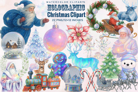 Holographic Christmas Clipart Bundle. Sublimation SVGArt 
