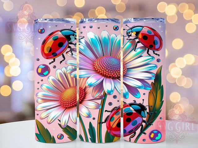 Holographic Ladybug Daisy Tumbler, Holographic Daisy Pattern, Shiny Nature Design, 20Oz Sublimation Wrap, Cute Bug Art, Sparkly Flower Texture, Tumbler Sublimation Sublimation SvggirlplusArt 