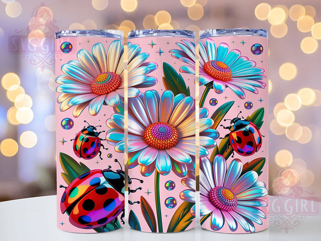 Holographic Ladybug Daisy Tumbler, Holographic Daisy Pattern, Shiny Nature Design, 20Oz Sublimation Wrap, Cute Bug Art, Sparkly Flower Texture, Tumbler Sublimation Sublimation SvggirlplusArt 