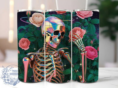 Holographic Rose Skeleton Tumbler, Glitter Skeleton Wrap, Festive Party Cup, 20oz Sublimation Wrap, Sparkly Rose Skeleton Tumbler, Stylish Holographic Design Cup, Skeleton Floral Theme Wrap Sublimation ToriDesigns 