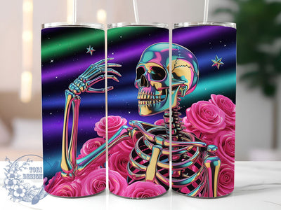 Holographic Rose Skeleton Tumbler, Glitter Skeleton Wrap, Festive Party Cup, 20oz Sublimation Wrap, Sparkly Rose Skeleton Tumbler, Stylish Holographic Design Cup, Skeleton Floral Theme Wrap Sublimation ToriDesigns 