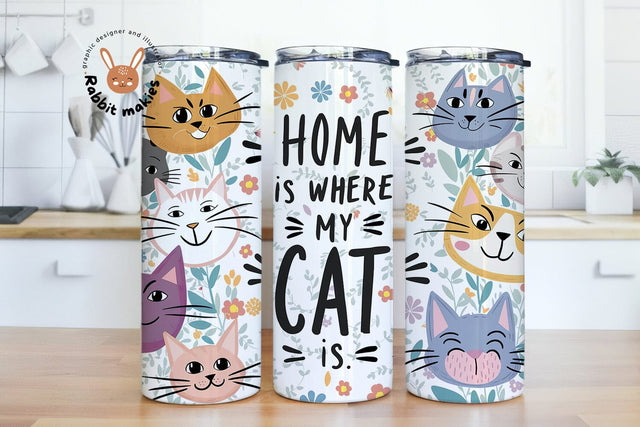 Home is Where My Cat is 20 oz Skinny Tumbler PNG Sublimation Design, Digital Download, Cat Tumbler, ladies tumbler, cat lovers gift, cat png Sublimation Rabbitmakies 