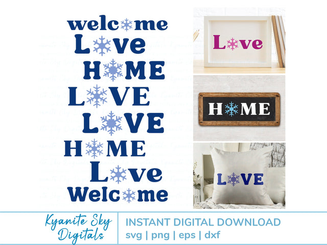Home Love Welcome SVG bundle words with winter snowflakes SVG Kyanite Sky Digitals 