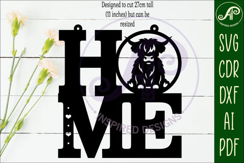Home word with highland cow wall art sign, SVG file. SVG APInspireddesigns 