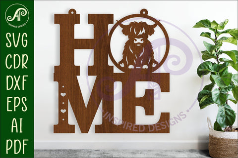 Home word with highland cow wall art sign, SVG file. SVG APInspireddesigns 