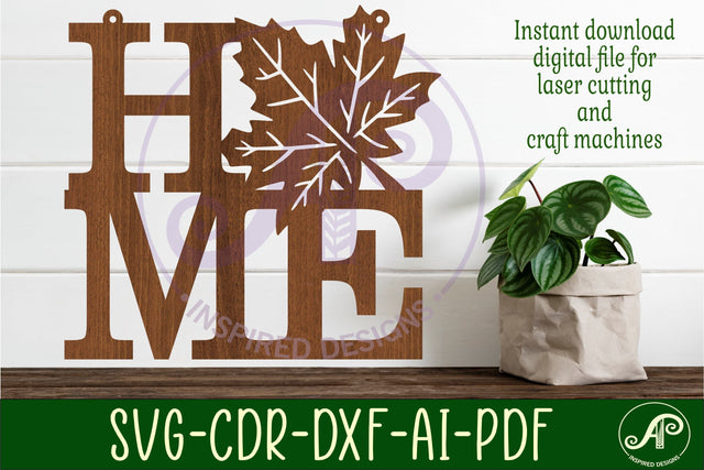 Home word with maple leaf wall art sign, SVG file. vector SVG APInspireddesigns 