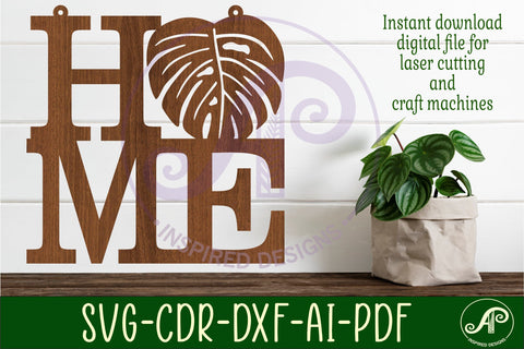 Home word with monstera leaf wall art sign, SVG file. vector SVG APInspireddesigns 