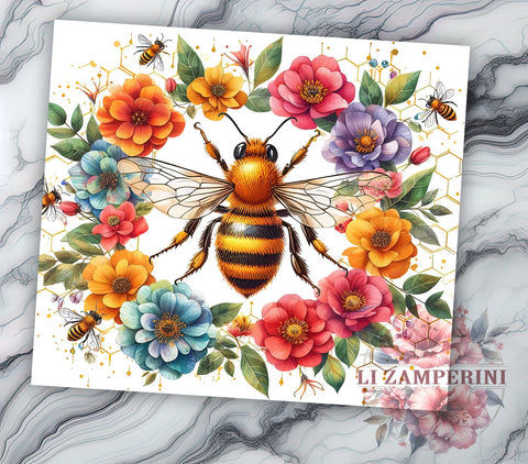 Honey Bee and Flowers 20oz Tumbler Wrap PNG, Honey Bee Tumbler Png, Straight & Tapered Tumbler Wrap, Instant Digital Download Sublimation Li Zamperini 