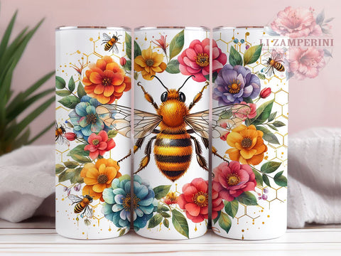 Honey Bee and Flowers 20oz Tumbler Wrap PNG, Honey Bee Tumbler Png, Straight & Tapered Tumbler Wrap, Instant Digital Download Sublimation Li Zamperini 