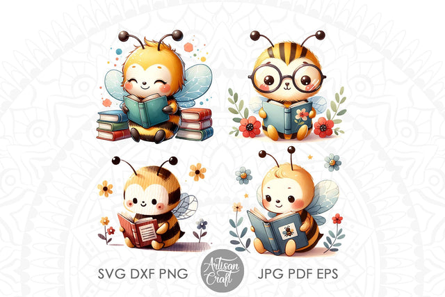 Honey bee clipart, reading book Sublimation Artisan Craft SVG 