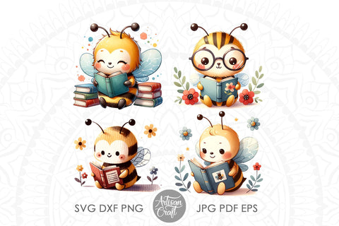 Honey bee clipart, reading book Sublimation Artisan Craft SVG 