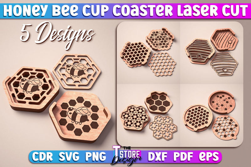 Honey Bee Cup Coasters Laser Cut | Coasters Design | CNC Files SVG The T Store Design 