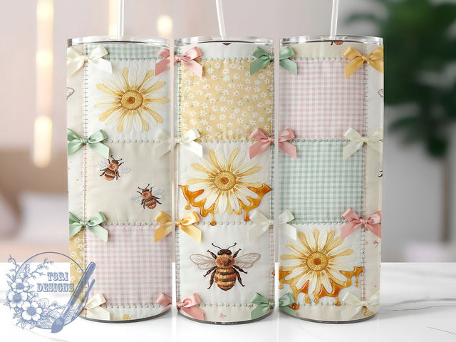 Honey Bee Daisy Patchwork 20oz Tumbler, Honey Bee Motif, Daisy Design, Patchwork Pattern, Nature Accent, Sublimation Wrap, 20oz Tumbler, Whimsical Charm Sublimation ToriDesigns 
